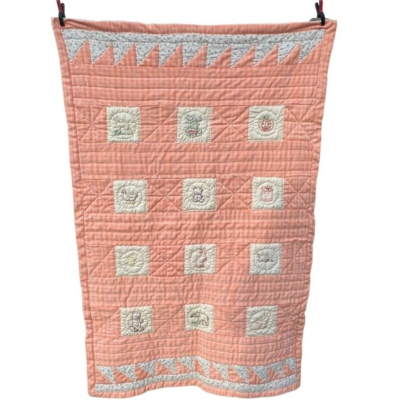 Vintage Handmade Hand Stitched Embroidered Animal Baby Crib Quilt 38 X 57 In